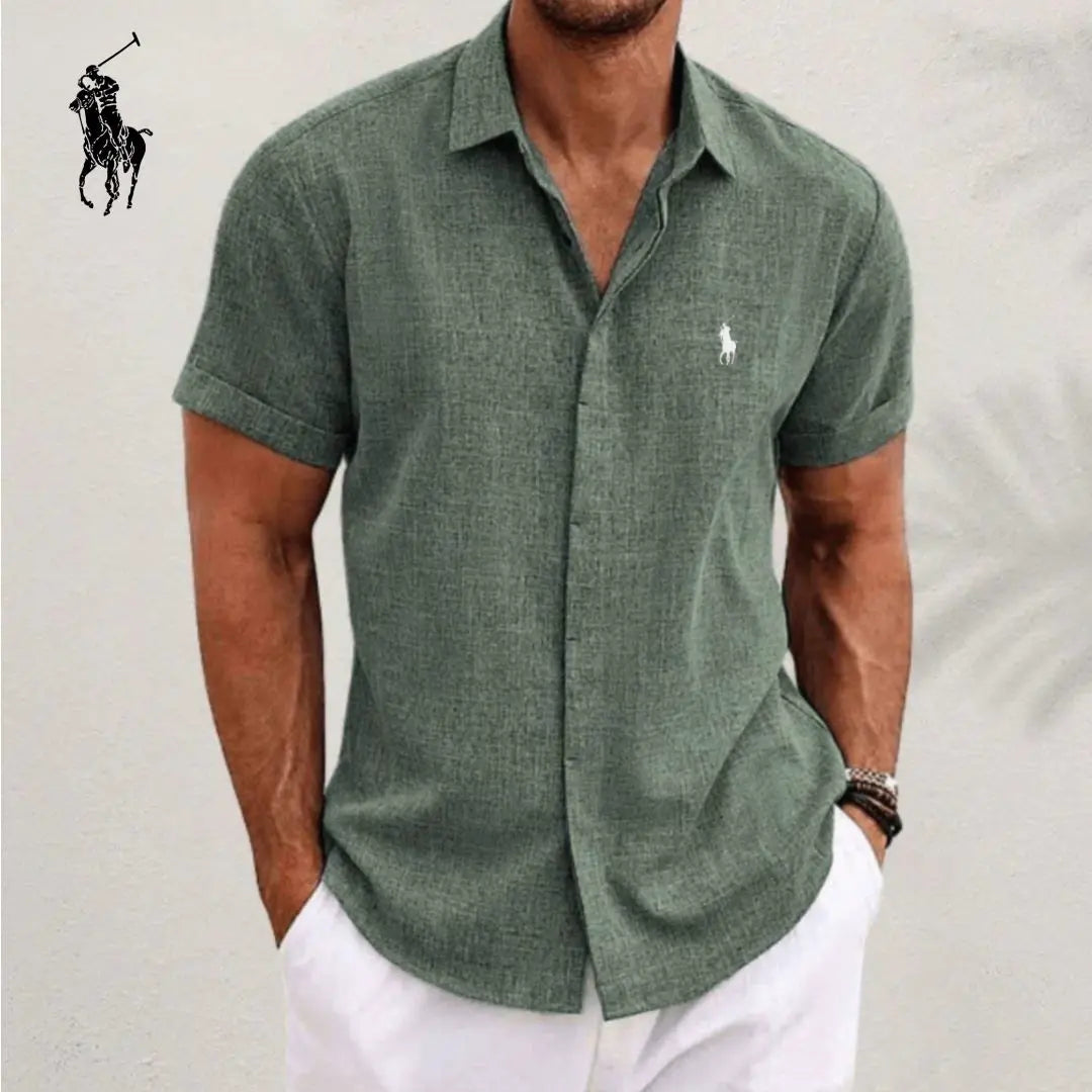 Elegant mens linen cotton shirt breathable short sleeve summer green casual