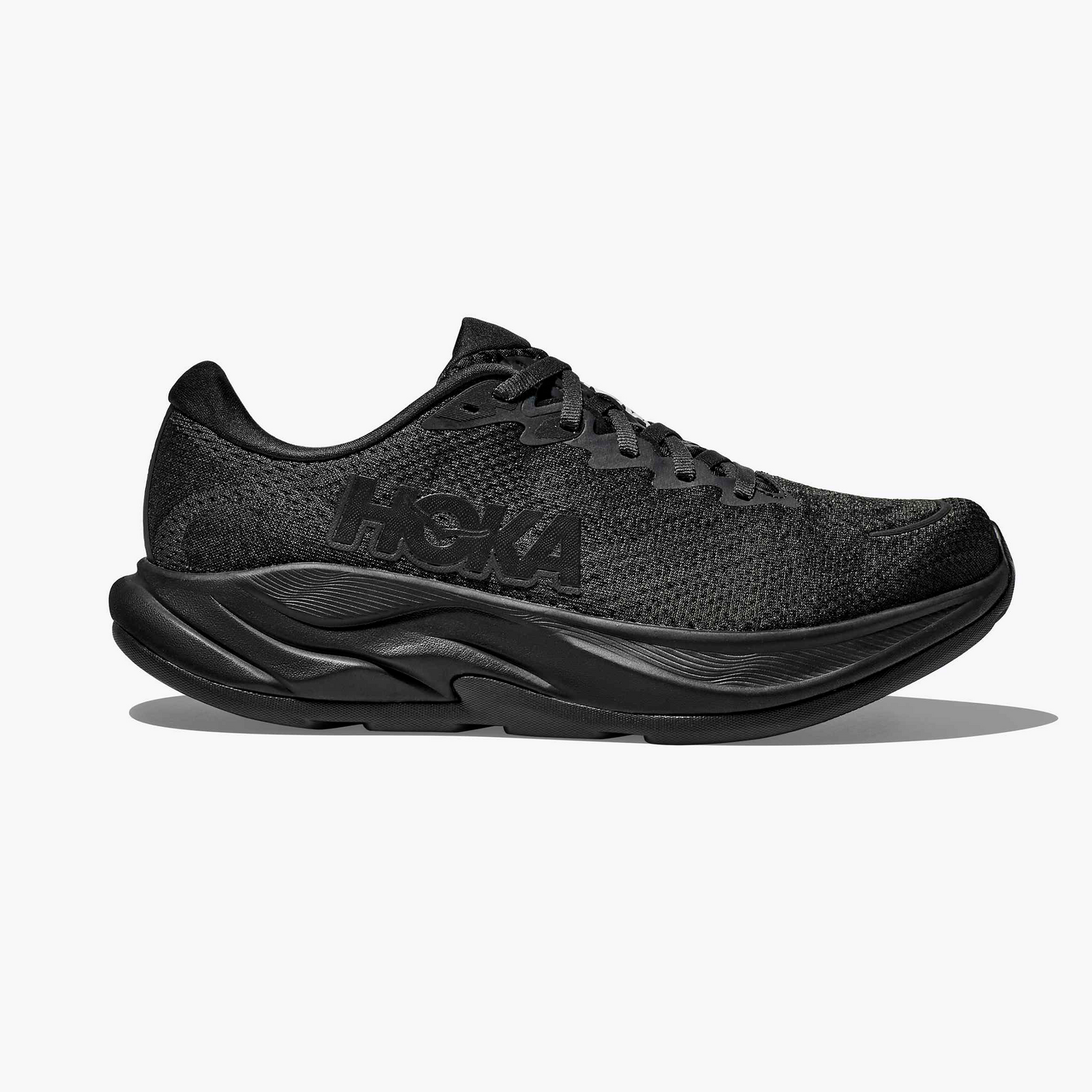 Hoka Rincon 4 lightweight running shoe black all black versatile colorway side view