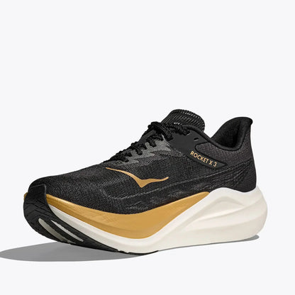 Hoka Rocket X 3 carbon fiber racing shoe women black gold side view