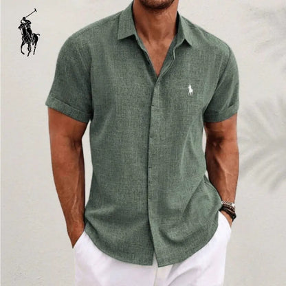 Elegant mens linen cotton shirt breathable short sleeve summer green casual