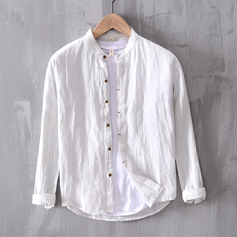 Men vintage linen long sleeve shirt loose fit white breathable summer