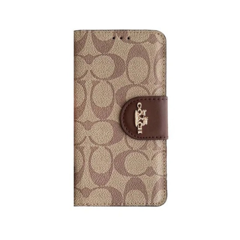 Brown leather flip iPhone case with card holder wallet front view
