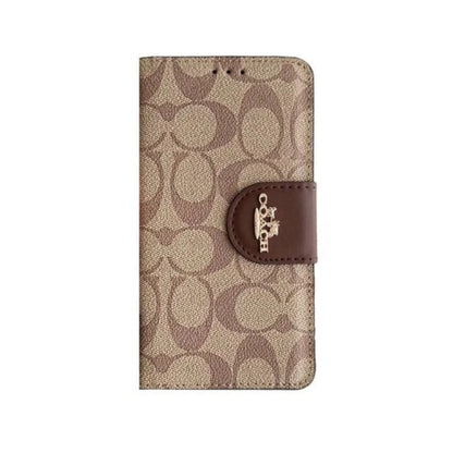 Brown leather flip iPhone case with card holder wallet front view