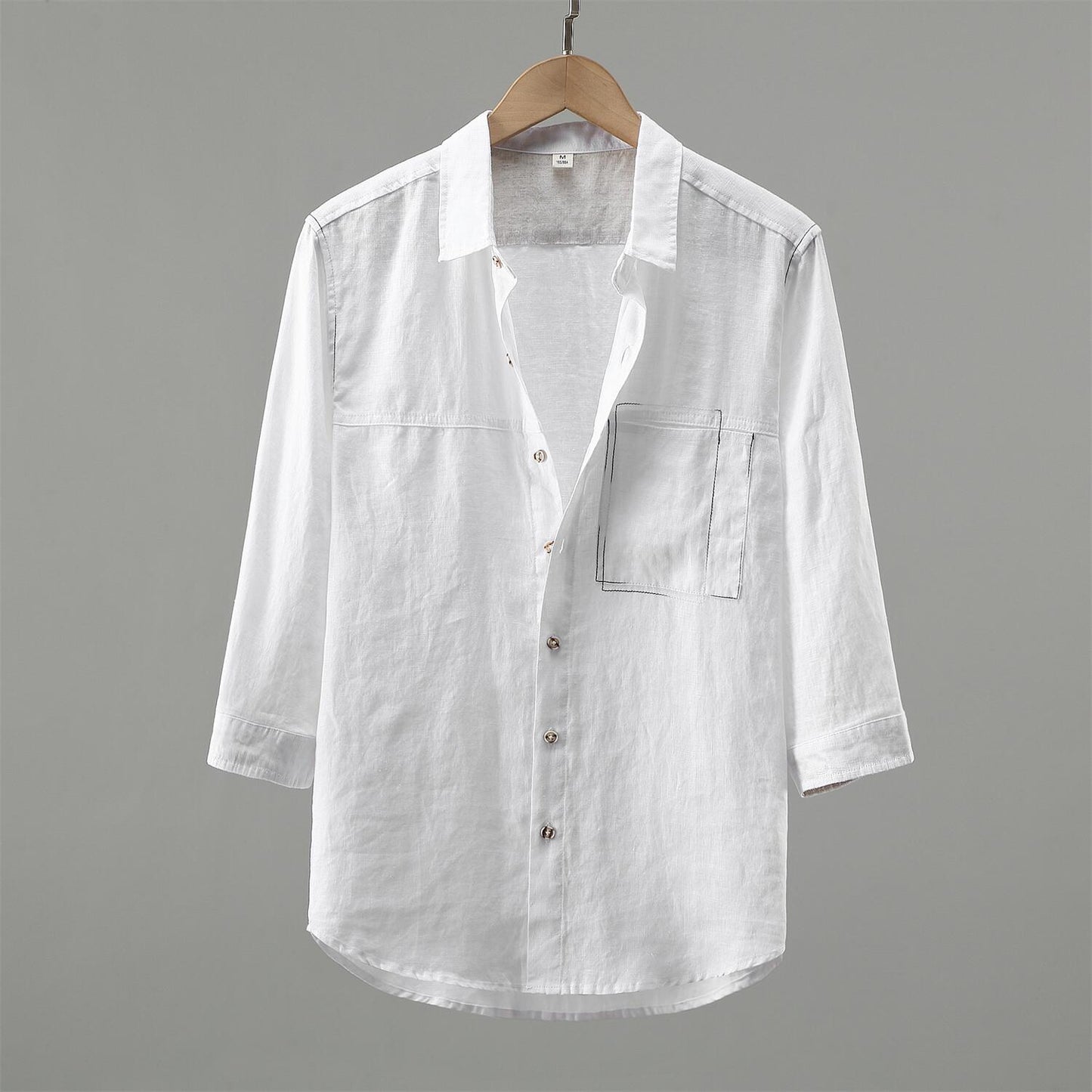 Men linen 3 4 sleeve shirt loose fit with pockets white breathable
