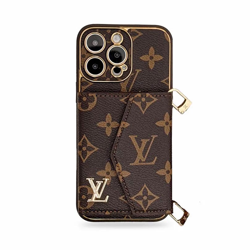 Monogram iPhone wallet case with card slots and crossbody strap brown