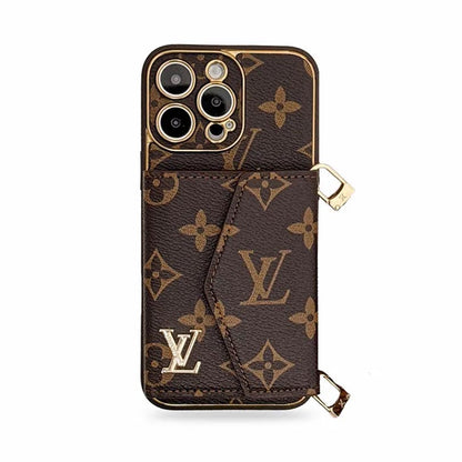 Monogram iPhone wallet case with card slots and crossbody strap brown
