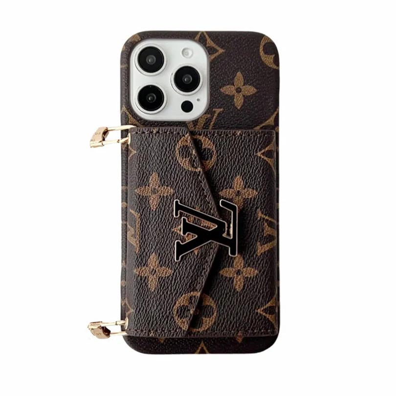 Monogram phone case with wallet card slots and crossbody strap brown