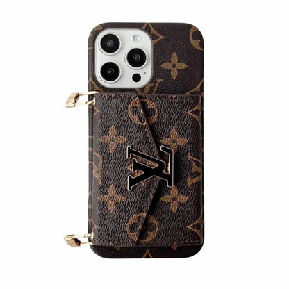 Monogram phone case with wallet card slots and crossbody strap brown