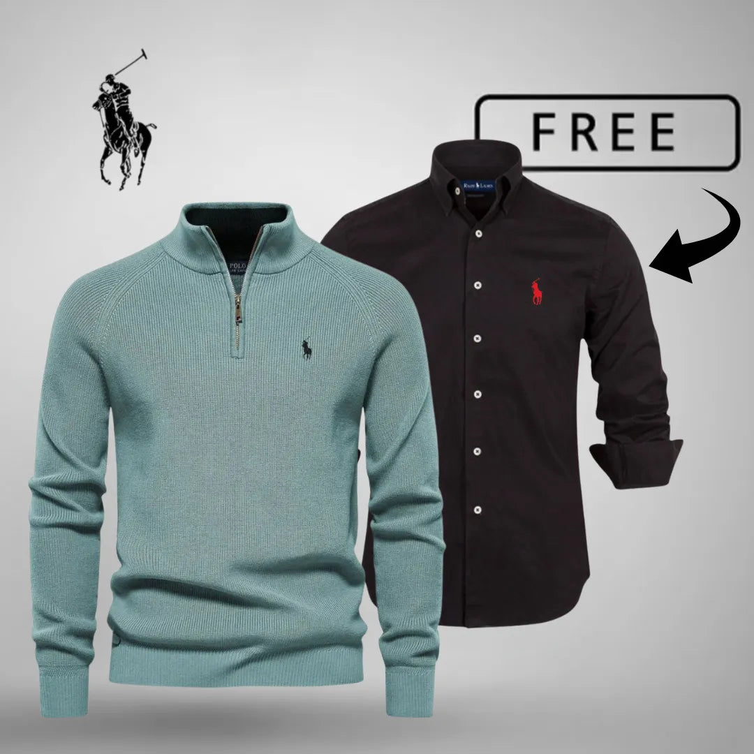 Premium mens half zip jumper and free classic shirt bundle green black outfit
