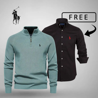 Premium mens half zip jumper and free classic shirt bundle green black outfit