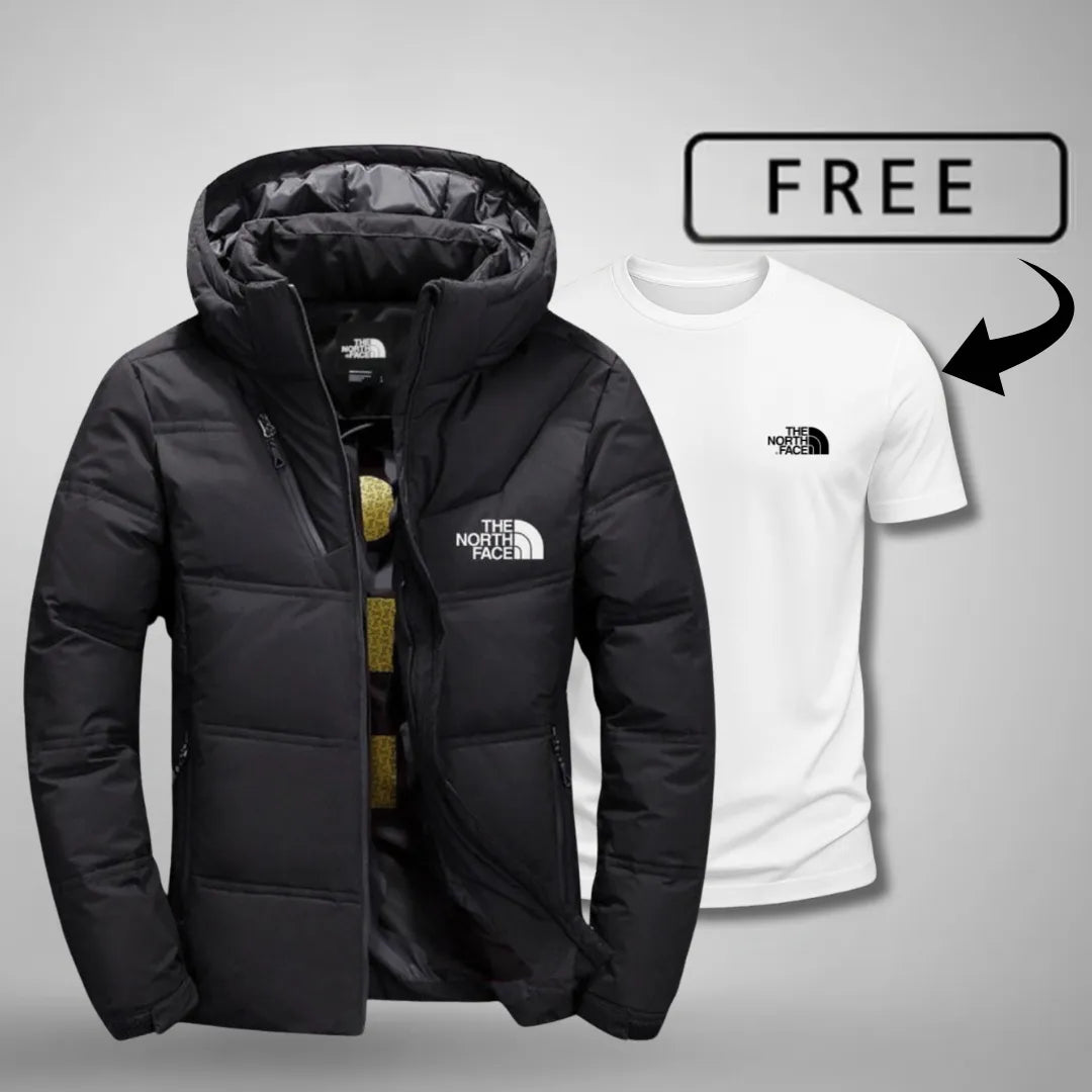 Premium mens cold weather puffer jacket with free t-shirt bundle black winter