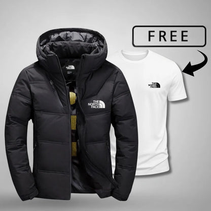 Premium mens cold weather puffer jacket with free t-shirt bundle black winter