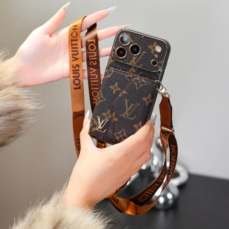 Luxury Leather iPhone Case with Wallet and Crossbody Strap – Brown