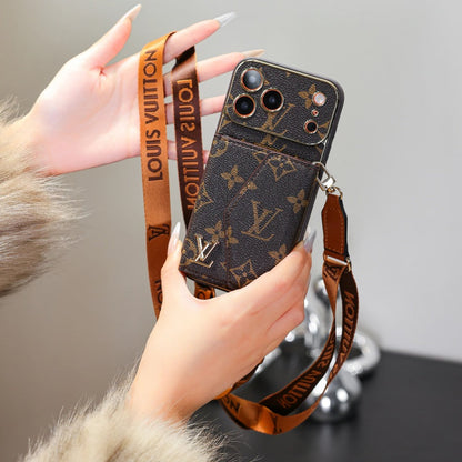 Luxury Leather iPhone Case with Wallet and Crossbody Strap – Brown