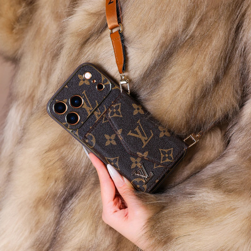 Luxury Leather iPhone Case with Wallet and Crossbody Strap – Brown
