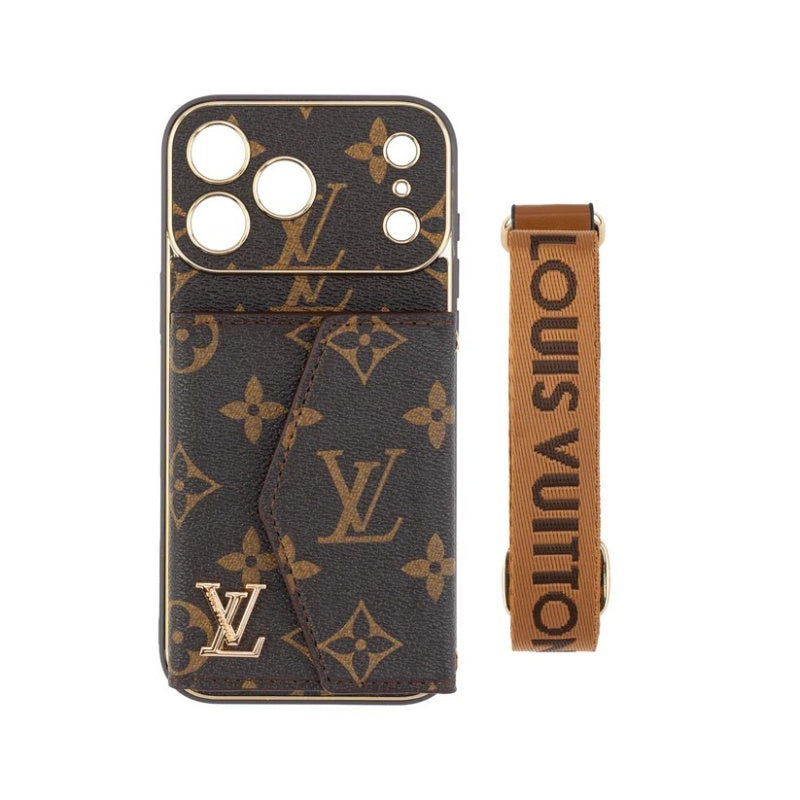 Luxury brown leather iPhone case with wallet and crossbody strap
