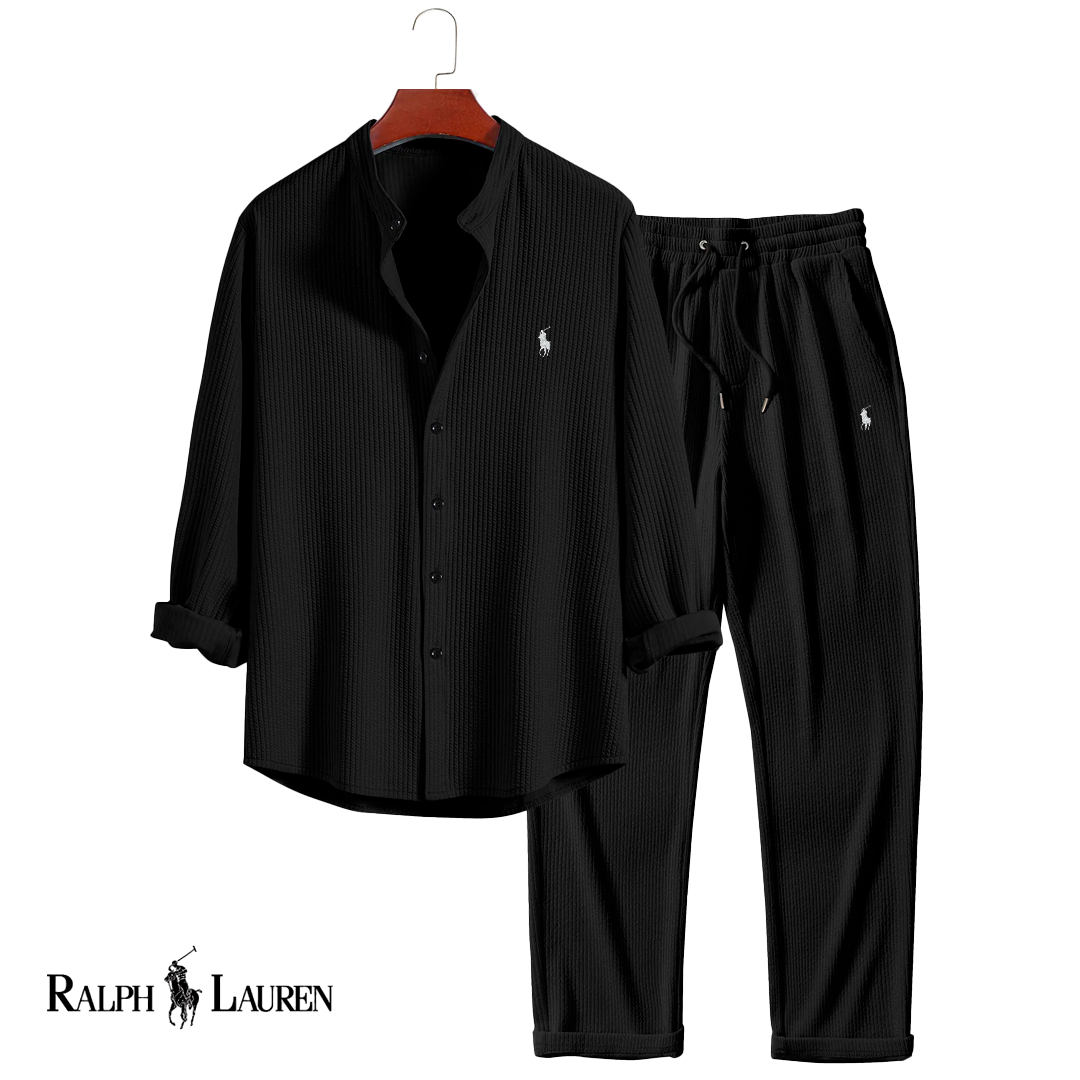 Winter elegant mens clothing set long sleeve shirt and pants matching black